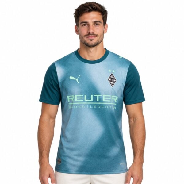 Borussia Monchengladbach third jersey 2026 2027 teal and light blue front view with crest and mint green sponsor - UAE SPORT STORE Borussia Monchengladbach third jersey 2026 2027 teal and light blue front view with crest and mint green sponsor