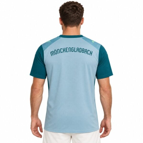 Borussia Monchengladbach third jersey back view light blue with MONCHENGLADBACH arc wordmark