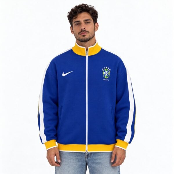 Brazil CBF Nike fleece track jacket blue and yellow front view zipped with five star crest - UAE SPORT STORE Brazil CBF Nike fleece track jacket blue and yellow front view zipped with five star crest