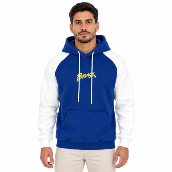 Brazil raglan hoodie royal blue with white sleeves front view and yellow BRASIL script - UAE SPORT STORE Brazil raglan hoodie royal blue with white sleeves front view and yellow BRASIL script