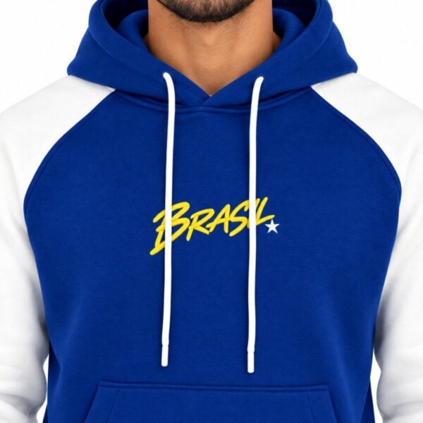 Brazil hoodie close-up of yellow embroidered BRASIL script with white star on blue fleece