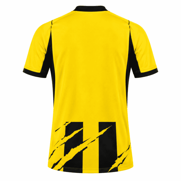 Yellow and black football jersey with abstract design, back view.