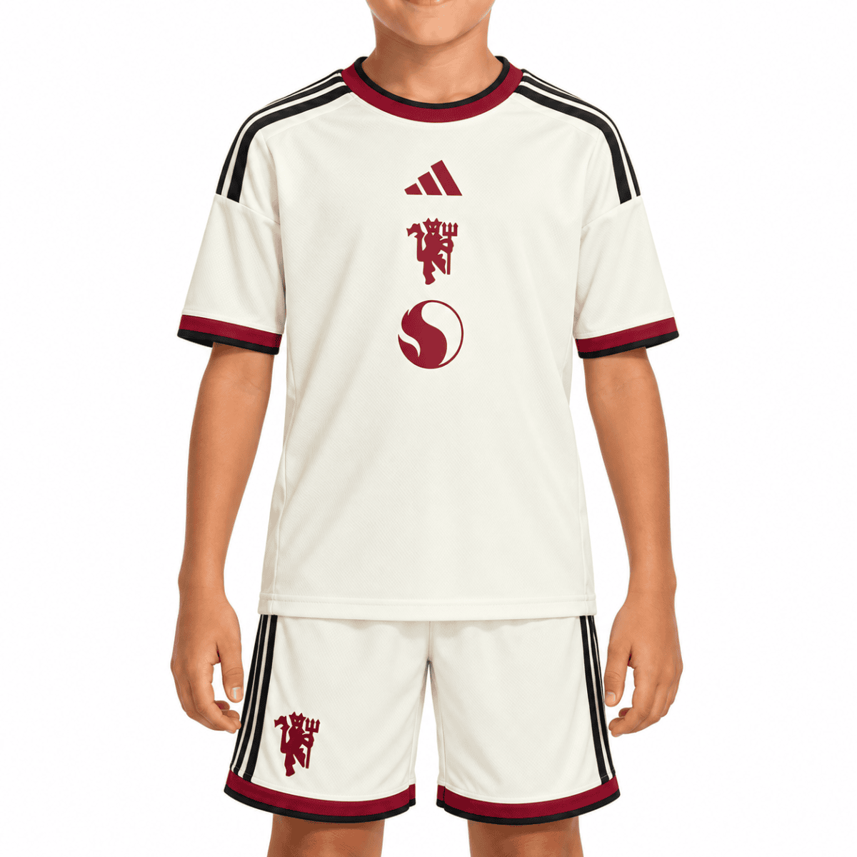 Manchester United third kit kids 2026/27 in white with red and black accents.