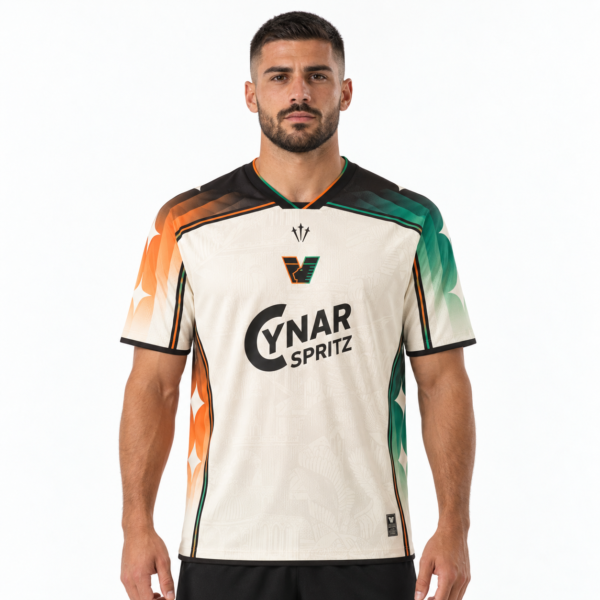 c7c5a6c4-b936-47b1-94b2-725294ec417a - UAE SPORT STORE Venezia away football jersey 2026/27 with white, green, and orange design.