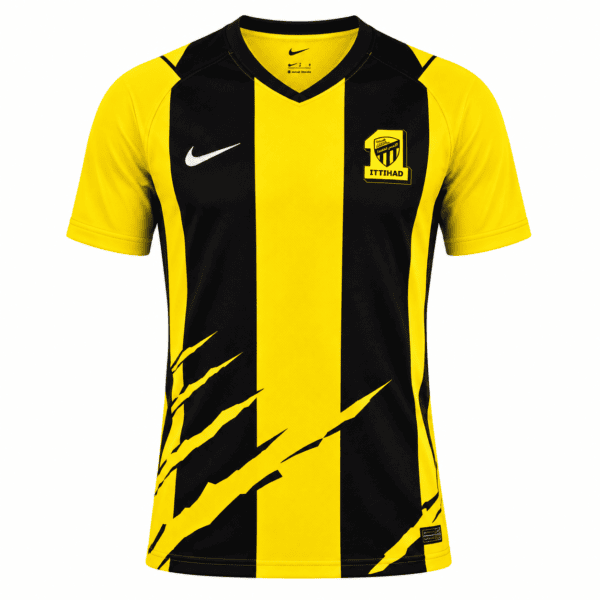 Al-Ittihad home football jersey 2026/27 with yellow and black stripes and club badge.