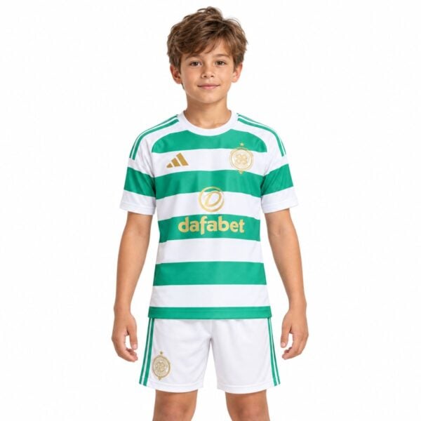 Celtic home kit kids 2026/27 front view green and white hoops with shorts