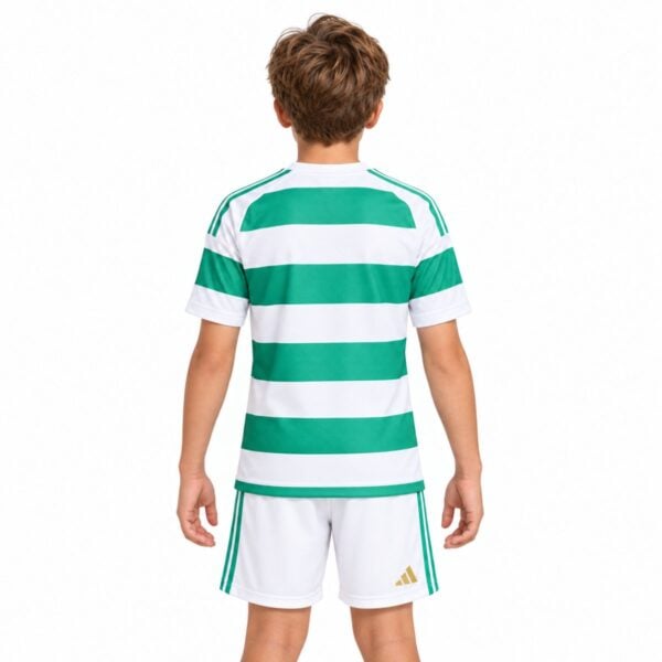 Celtic kids home kit back view jersey and white shorts