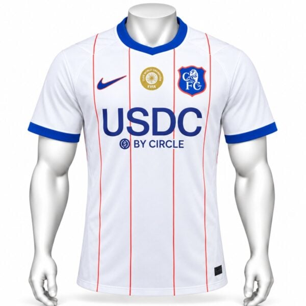 Chelsea third player version jersey 2026 2027 white front view with red pinstripes and retro CFC crest - UAE SPORT STORE Chelsea third player version jersey 2026 2027 white front view with red pinstripes and retro CFC crest