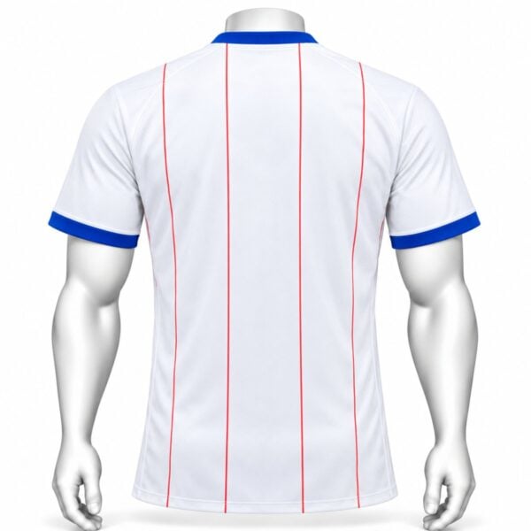 Chelsea third player version jersey back view white with red pinstripes and blue collar