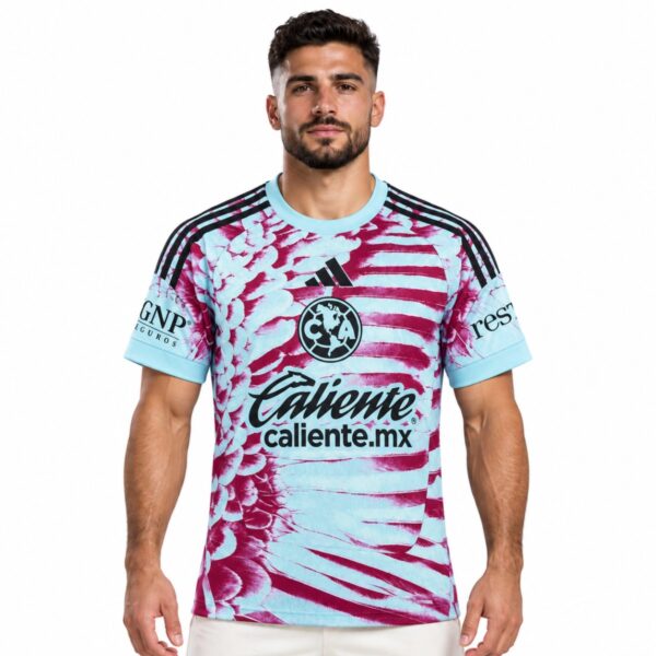 Club America goalkeeper jersey 2026 2027 front view light blue with burgundy eagle feather print and club crest - UAE SPORT STORE Club America goalkeeper jersey 2026 2027 front view light blue with burgundy eagle feather print and club crest