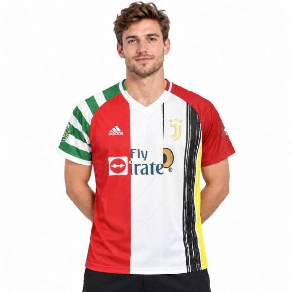 Juventus home football jersey with red, white, black, and yellow vertical stripes.