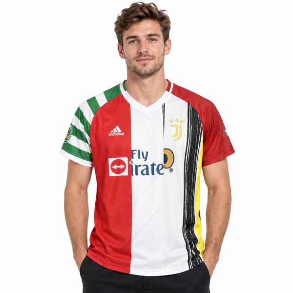 Juventus football jersey with red, white, black, and yellow colors, season 2023-24.