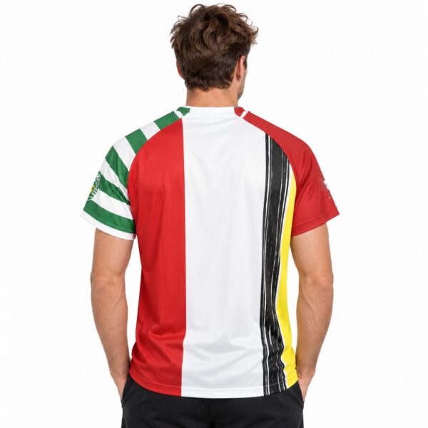 Football jersey with red, white, green, yellow, and black stripes, back view.