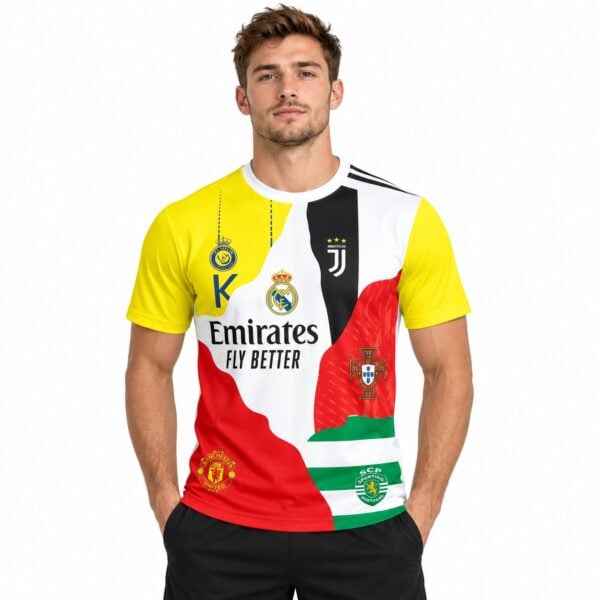 Football jersey with club and national team logos, yellow, red, black, and green colors.
