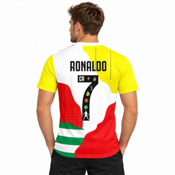 Portugal national team football jersey with Ronaldo's name and number 7, red, green, yellow, and red.