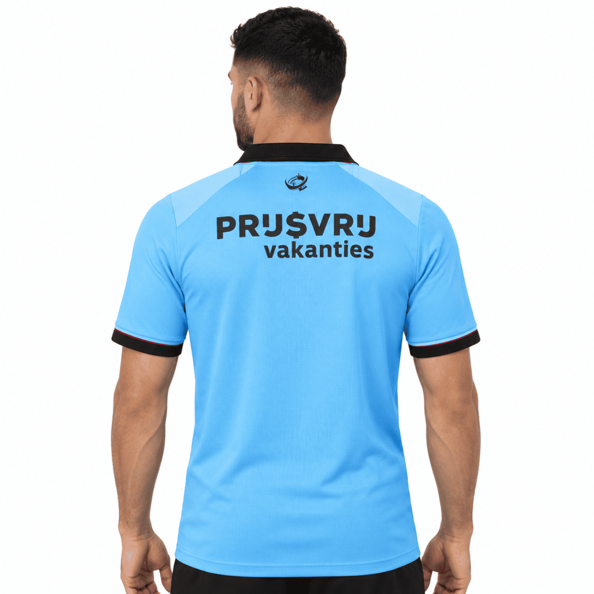Light blue Feyenoord away jersey with black collar and sleeve trim, back view.