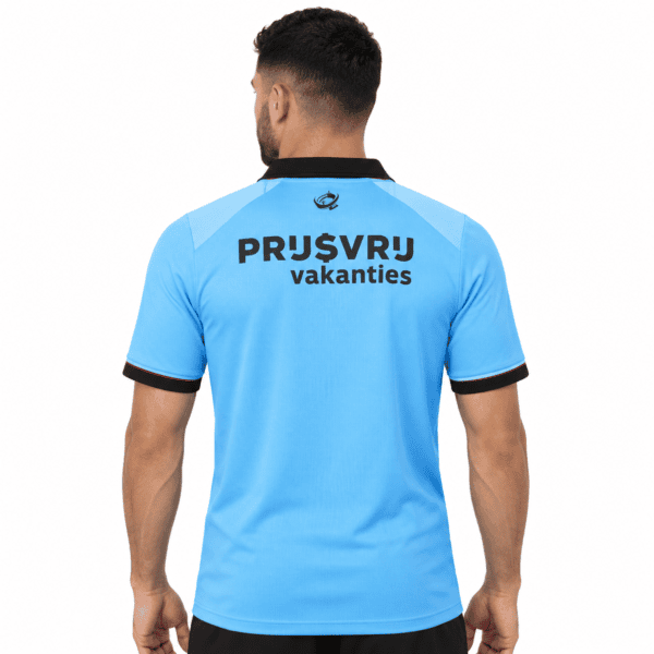 Light blue Feyenoord away jersey with black collar and sleeve trim, back view.