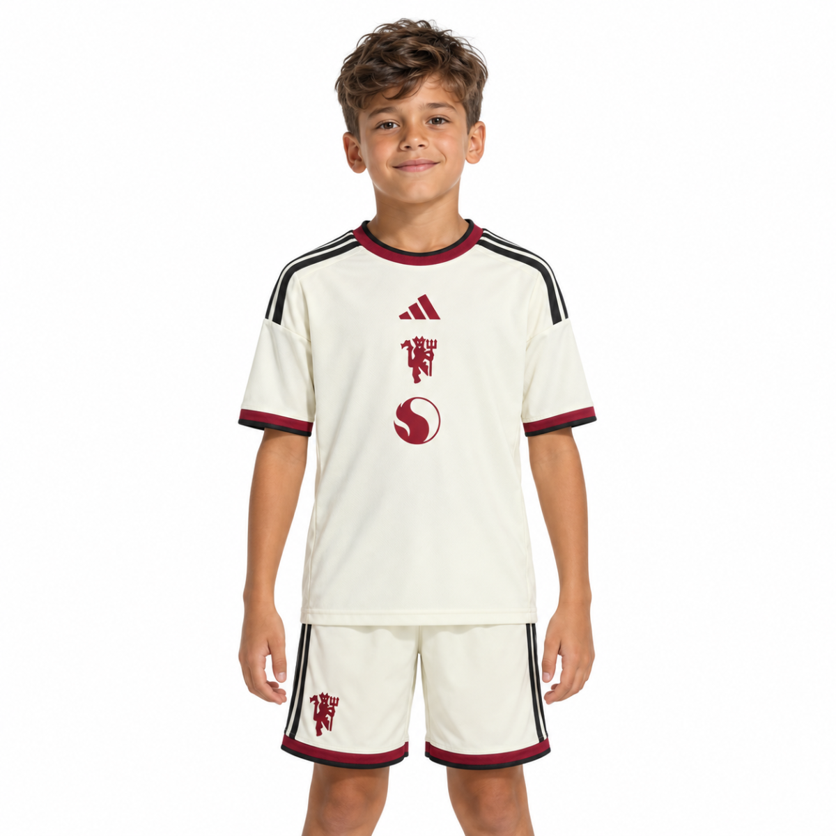 Kids Manchester United third kit 2026/27 in white with red and black accents.