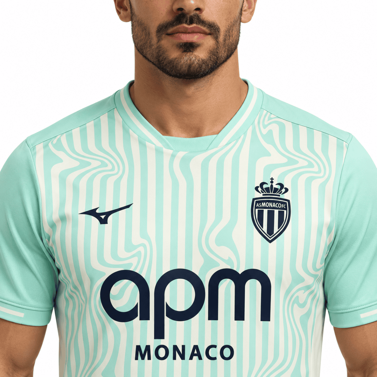 AS Monaco third jersey 2026/27 with light blue and white pattern and club crest.