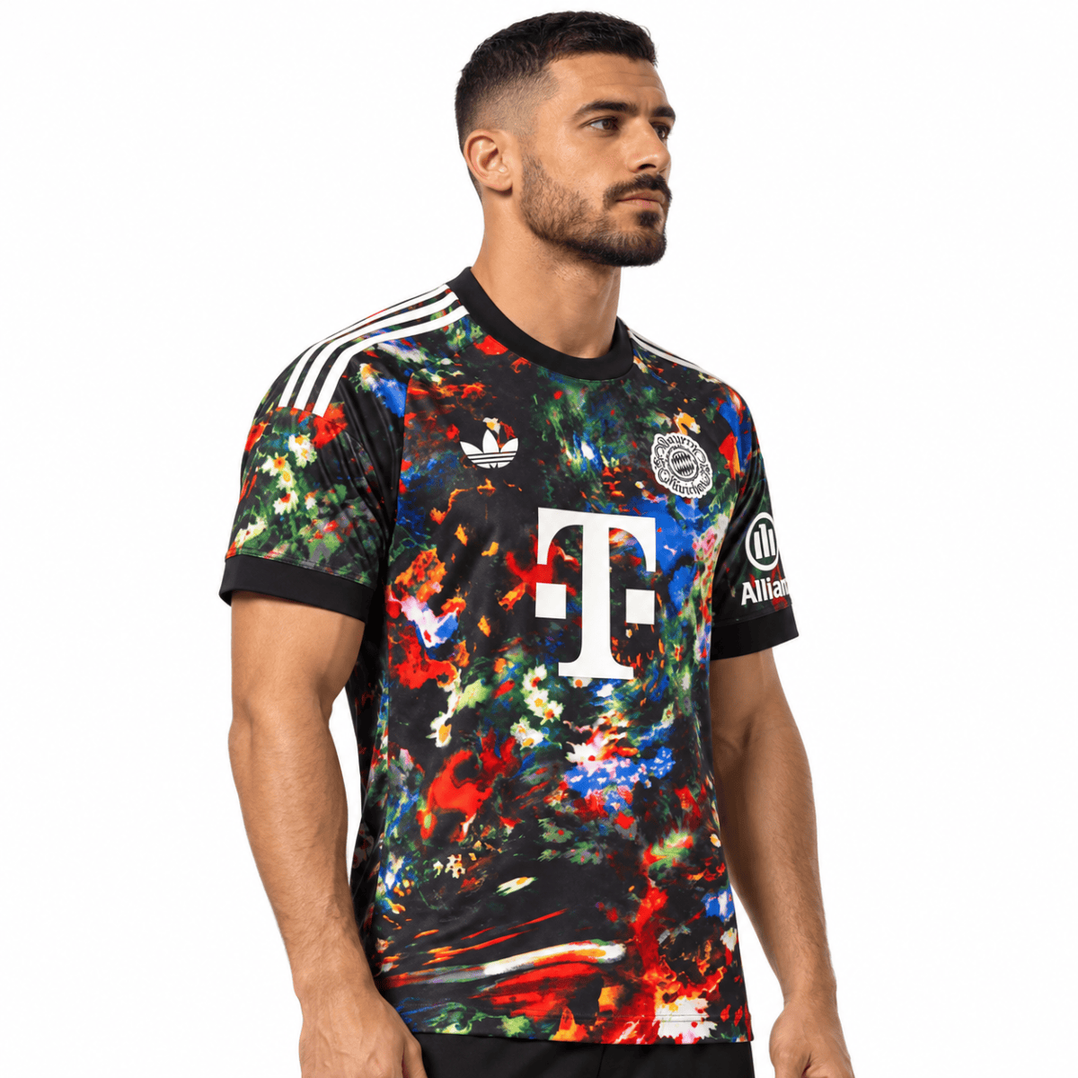 Bayern Munich 2026/27 away jersey with colorful abstract pattern and club logos.