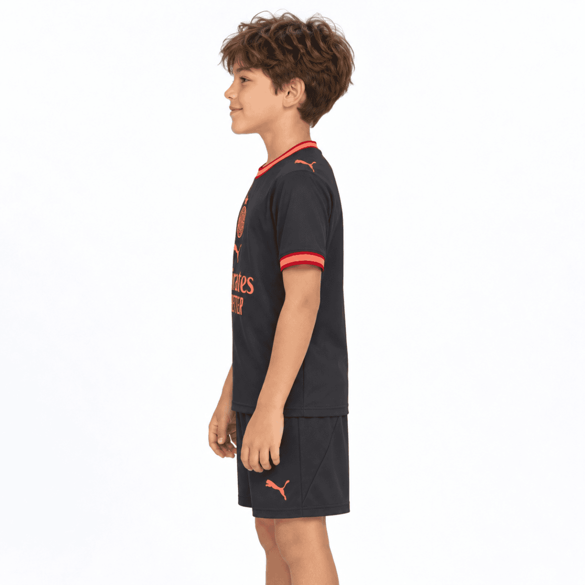 Kids AC Milan third kit jersey black and red with club crest and Puma logo.