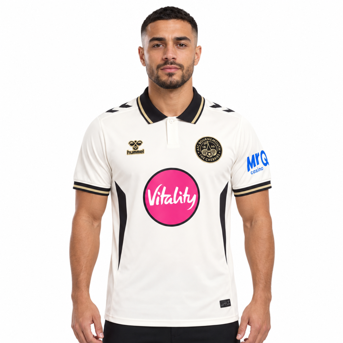 A football player wearing AFC Bournemouth third kit 2026/27 in white with black accents.