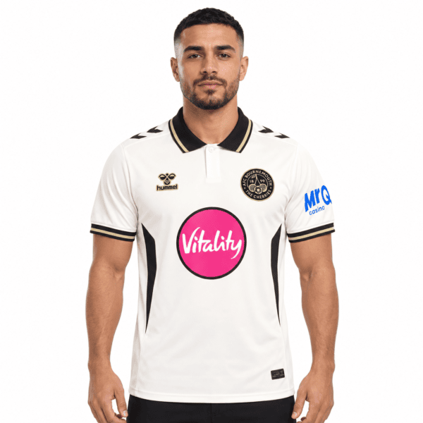 A football player wearing AFC Bournemouth third kit 2026/27 in white with black accents.