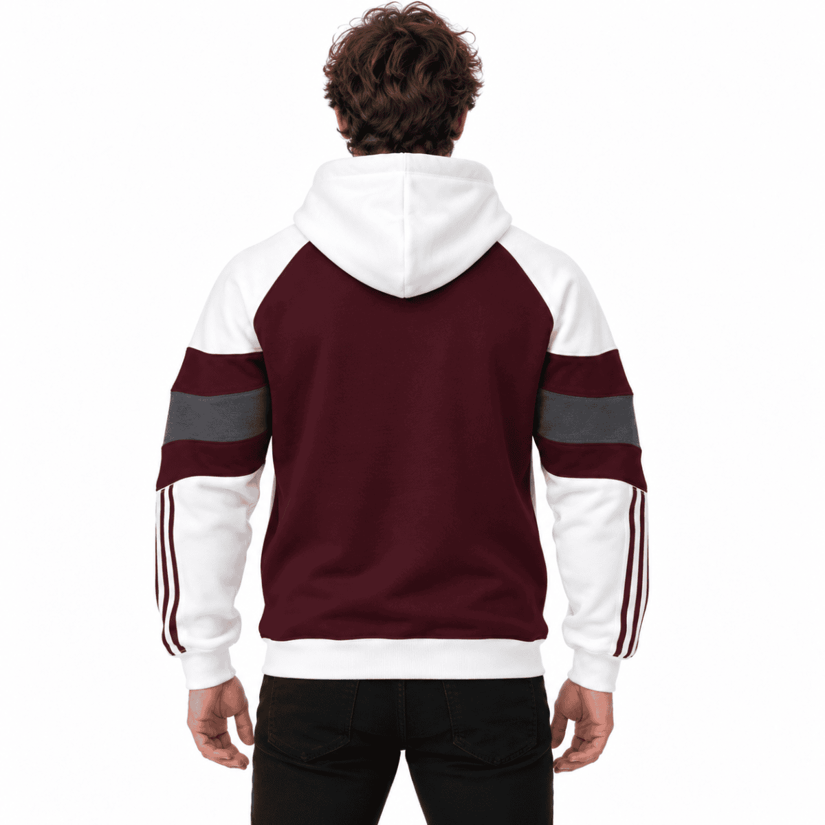 Men's hoodie with brown, cream, and gray color block design, back view.