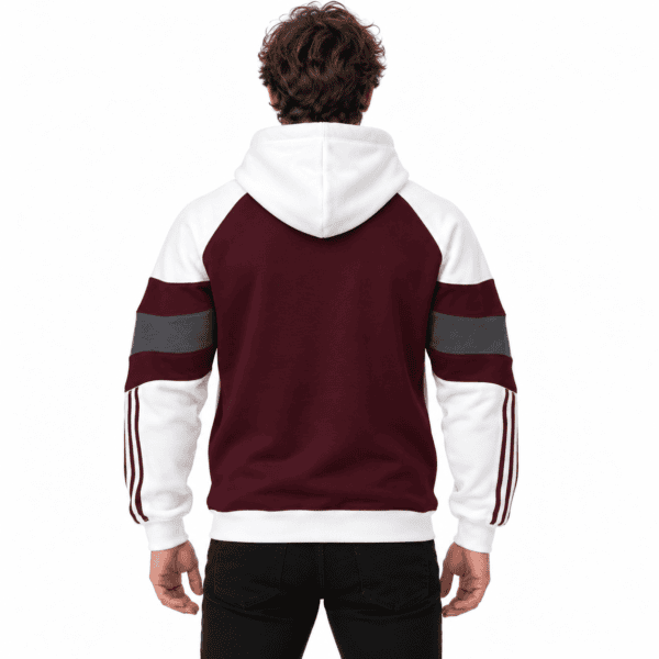 Men's hoodie with brown, cream, and gray color block design, back view.