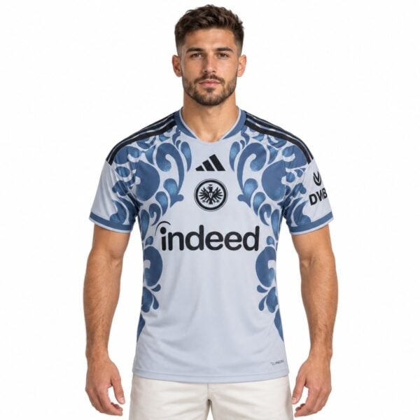Eintracht Frankfurt third jersey 2026 2027 pale blue front view with blue porcelain floral print and eagle crest - UAE SPORT STORE Eintracht Frankfurt third jersey 2026 2027 pale blue front view with blue porcelain floral print and eagle crest
