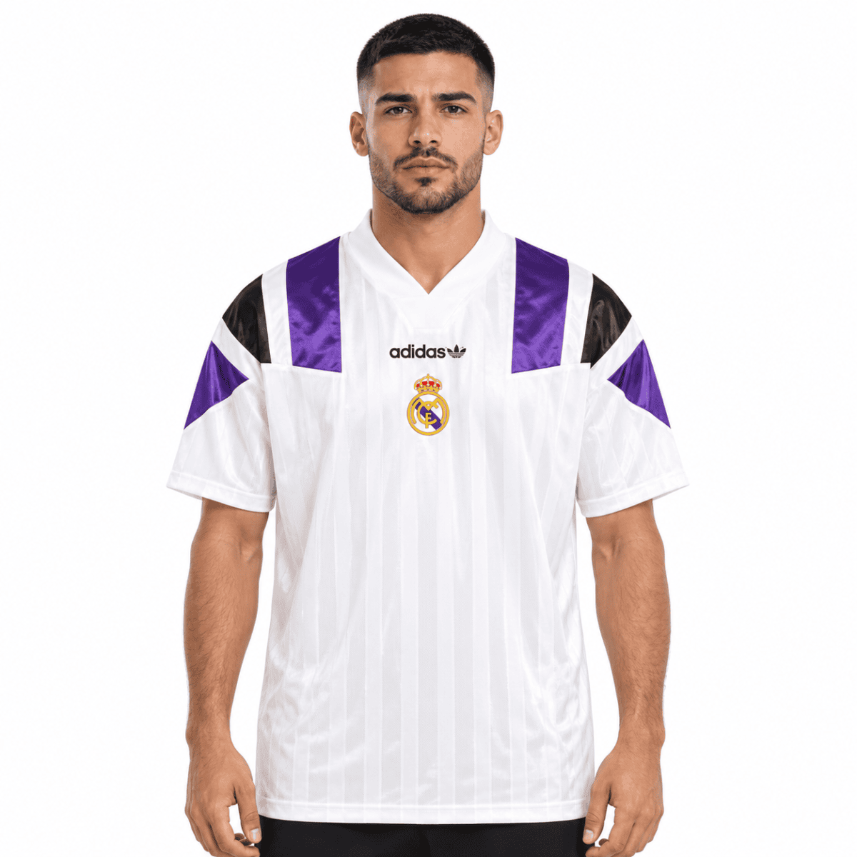 Real Madrid football jersey, white with purple and black accents, men's size.