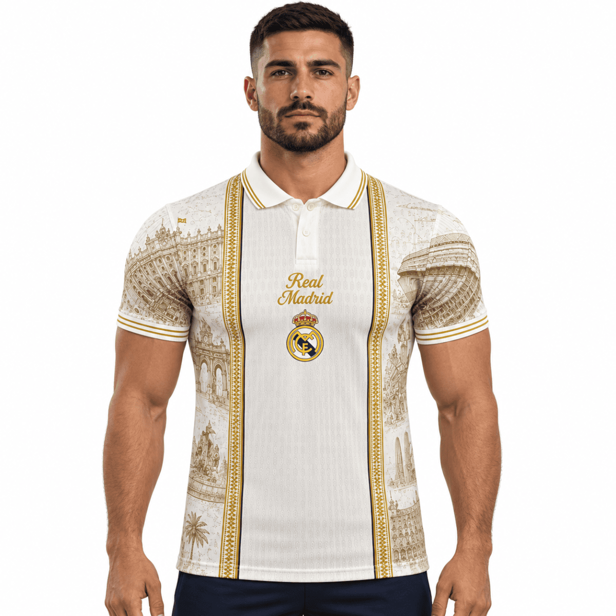 Real Madrid polo jersey with gold accents and club crest, season 2026/27.