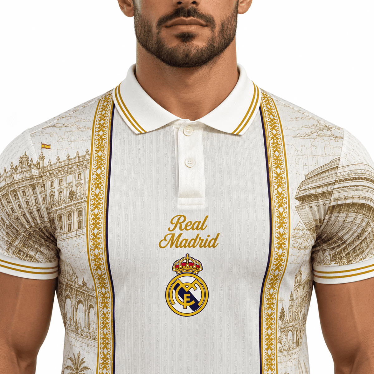 Real Madrid special edition polo jersey with architectural print and club crest.