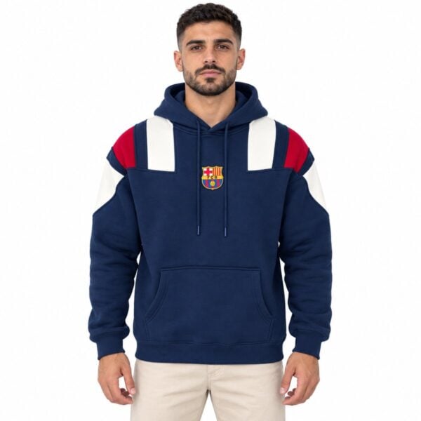 FC Barcelona colour block hoodie navy with cream and red shoulder panels front view and embroidered FCB crest - UAE SPORT STORE FC Barcelona colour block hoodie navy with cream and red shoulder panels front view and embroidered FCB crest