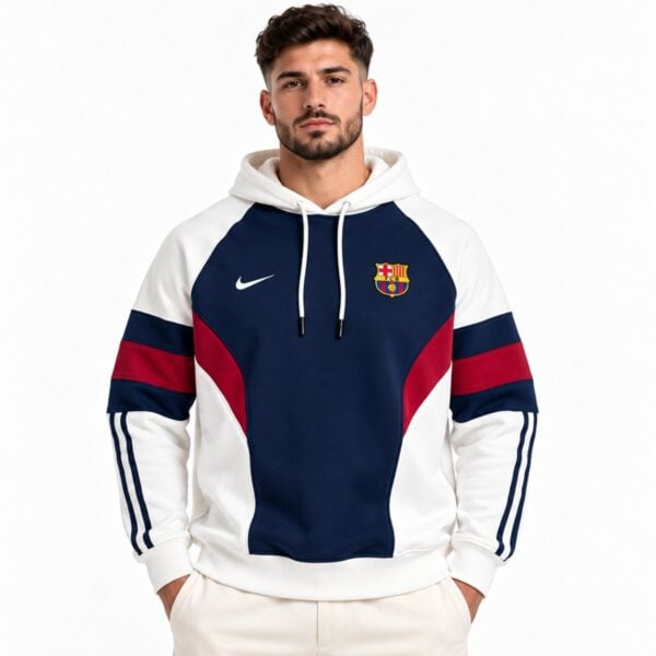 FC Barcelona curved panel hoodie navy and off-white front view with embroidered FCB crest - UAE SPORT STORE FC Barcelona curved panel hoodie navy and off-white front view with embroidered FCB crest