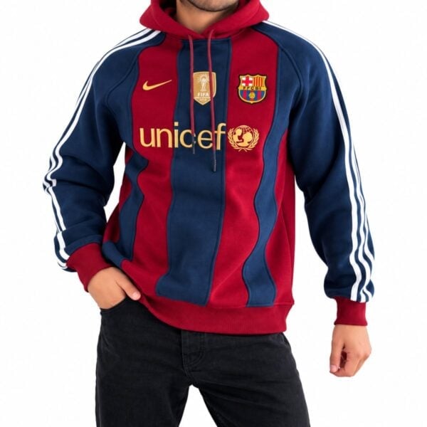 FC Barcelona Messi 10 retro striped hoodie blaugrana front view with embroidered crest and unicef chest mark - UAE SPORT STORE FC Barcelona Messi 10 retro striped hoodie blaugrana front view with embroidered crest and unicef chest mark