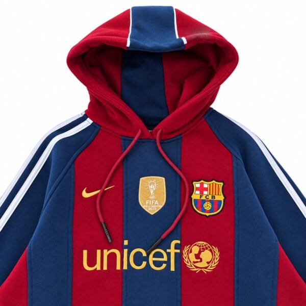 FC Barcelona retro hoodie chest and hood detail showing FCB crest world champions badge and unicef mark
