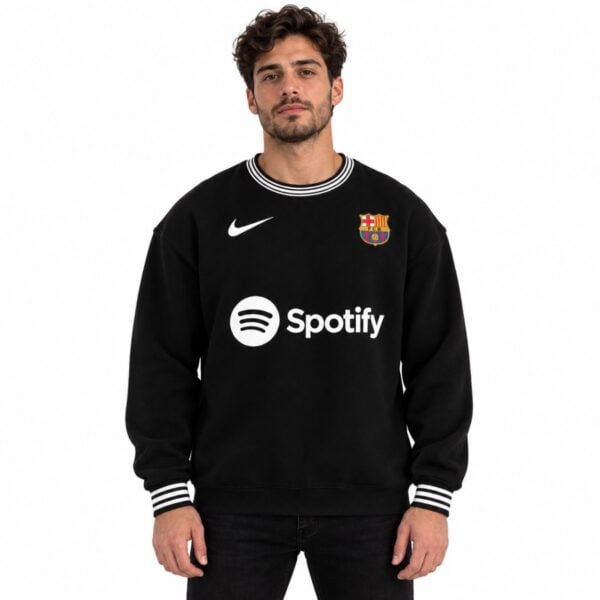 FC Barcelona Nike black fleece crew sweatshirt front view with club crest swoosh and Spotify print - UAE SPORT STORE FC Barcelona Nike black fleece crew sweatshirt front view with club crest swoosh and Spotify print