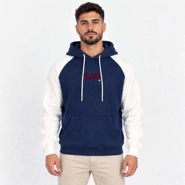 FC Barcelona raglan hoodie navy with white sleeves front view and crimson BARCA script - UAE SPORT STORE FC Barcelona raglan hoodie navy with white sleeves front view and crimson BARCA script