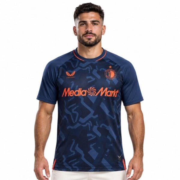 Feyenoord third jersey 2026 2027 navy front view with tonal blue print coral collar and club crest