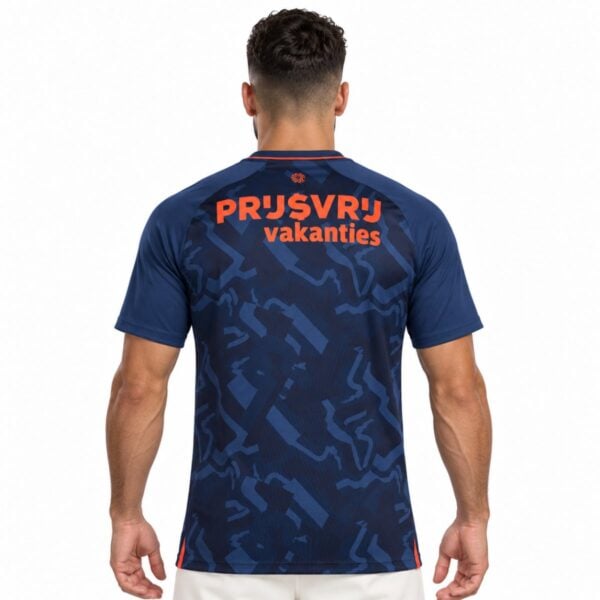 Feyenoord third jersey 2026 2027 back view navy with coral sponsor lettering and tonal print