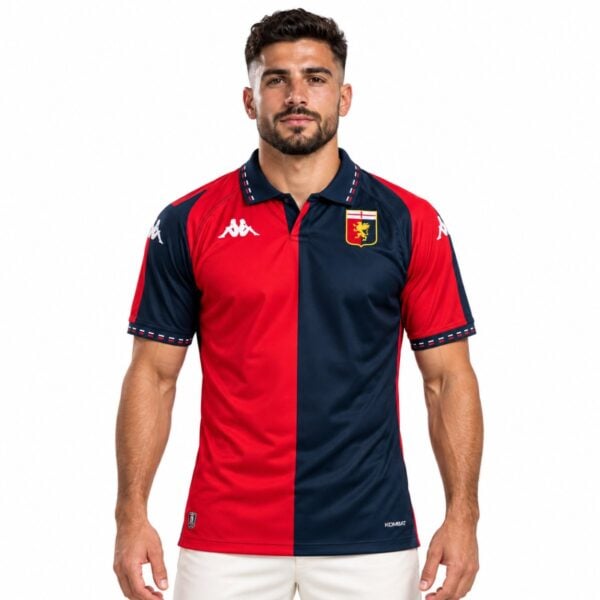 Genoa home jersey 2026 2027 half red half navy front view with griffin crest and polo collar
