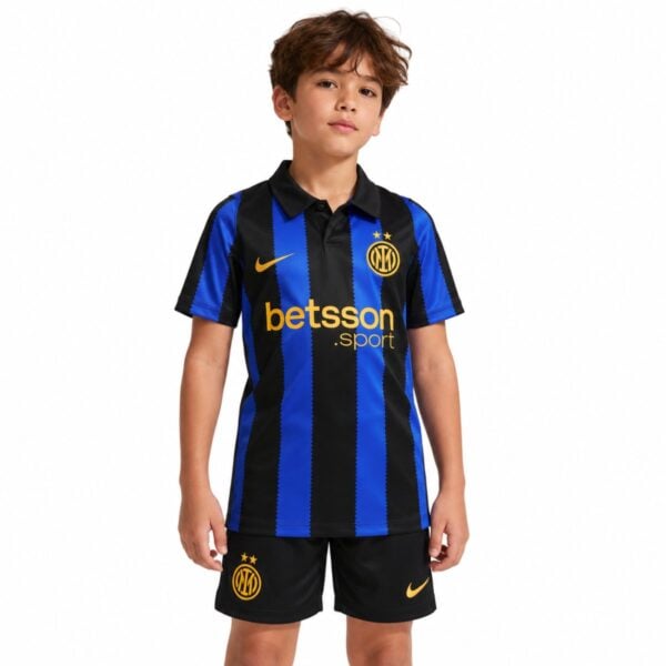 Inter Milan home kids kit 2026 2027 front view jersey and shorts in black and blue stripes with gold crest - UAE SPORT STORE Inter Milan home kids kit 2026 2027 front view jersey and shorts in black and blue stripes with gold crest