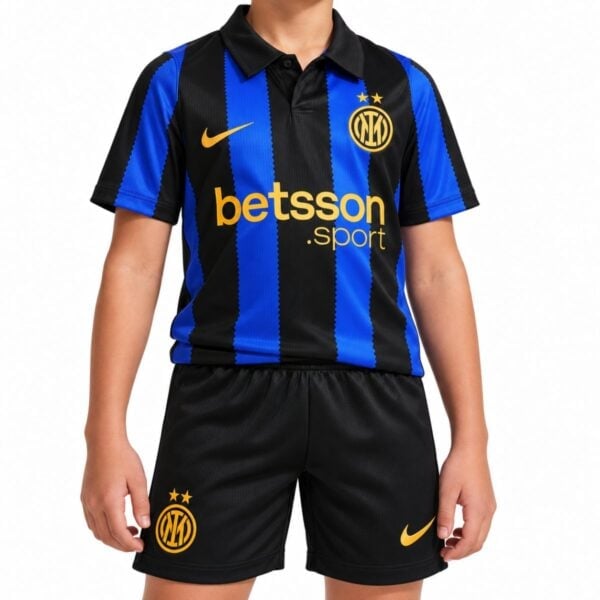 Inter Milan kids jersey close-up of black and blue zig-zag stripes gold crest two stars and polo collar