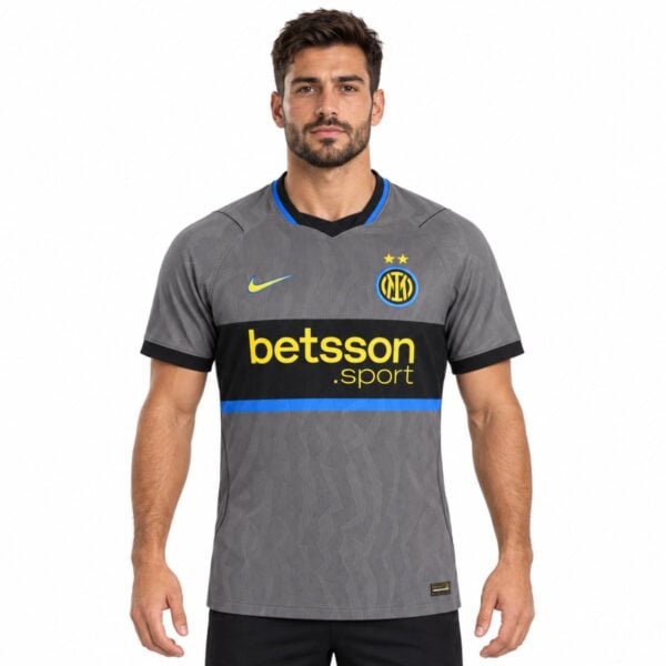 Inter Milan third jersey 2026 2027 grey front view with black chest band blue stripe and IM crest - UAE SPORT STORE Inter Milan third jersey 2026 2027 grey front view with black chest band blue stripe and IM crest