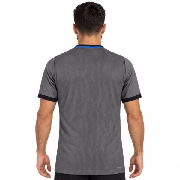 Rear of the grey Inter Milan shirt with dark geometric patterns and blue collar trim.