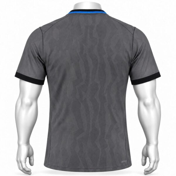 Rear of the grey Inter Milan shirt with dark geometric patterns, blue collar trim and black sleeve trim.