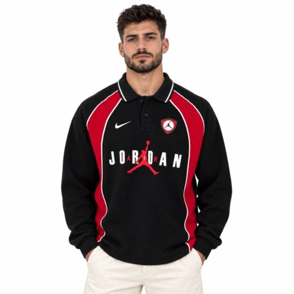 Jordan long sleeve polo sweatshirt black and red front view with Jumpman shield and JORDAN AIR graphic - UAE SPORT STORE Jordan long sleeve polo sweatshirt black and red front view with Jumpman shield and JORDAN AIR graphic