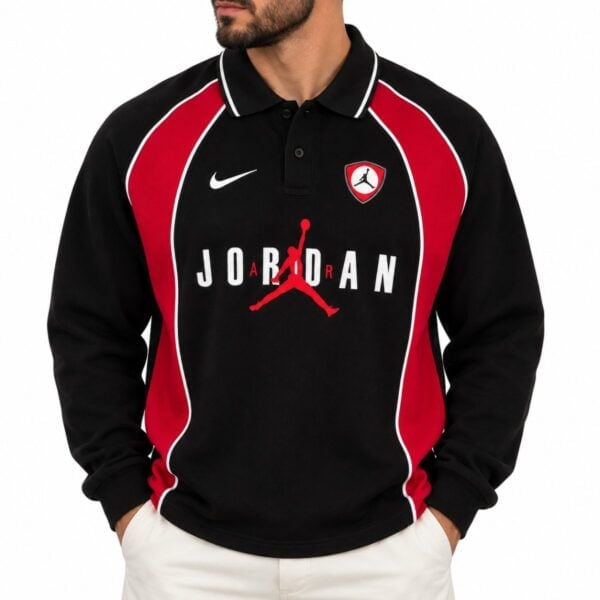 Jordan polo sweatshirt close-up front showing tipped collar white piping and Jumpman chest graphic