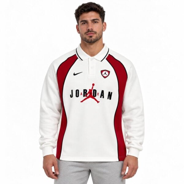 Jordan long sleeve polo sweatshirt off-white and burgundy front view with Jumpman shield and JORDAN AIR graphic - UAE SPORT STORE Jordan long sleeve polo sweatshirt off-white and burgundy front view with Jumpman shield and JORDAN AIR graphic